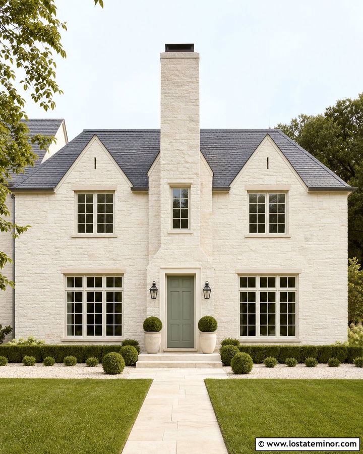 Limestone House With Tall Center Chimney - 30 Stone House Design With Chimney Ideas