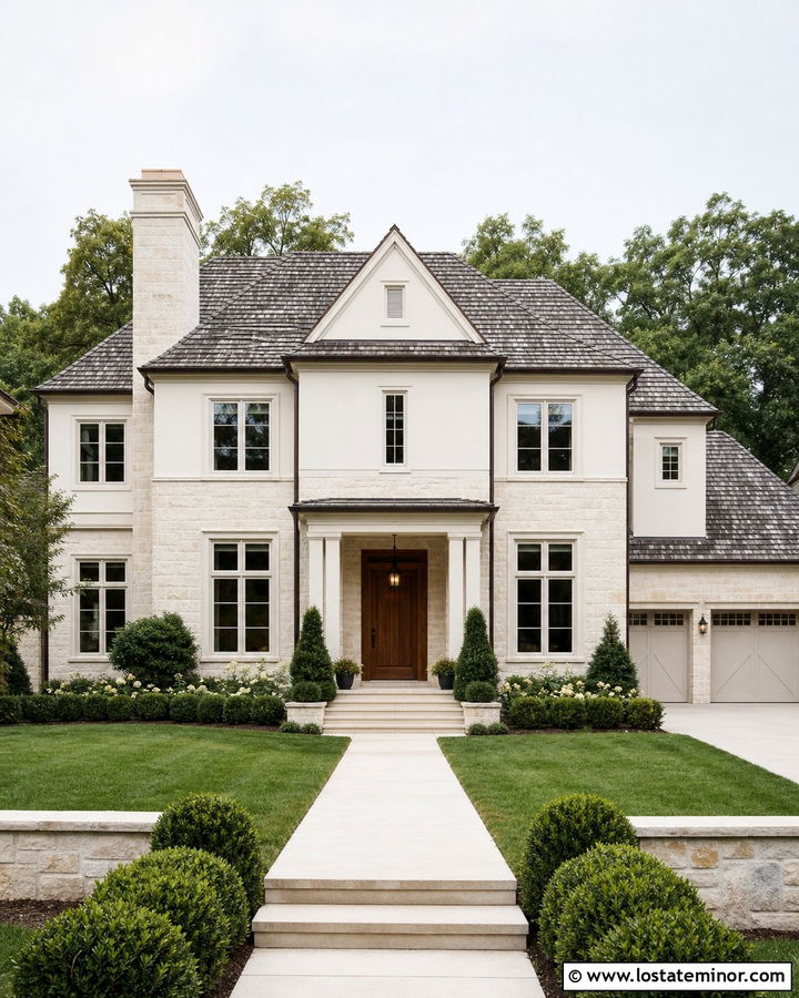 Limestone House With Warm White Trim - 30 Stone House Design With Trim Ideas