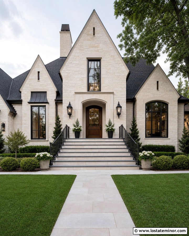 Limestone House With Wide Front Steps - 30 Stone House Design With Steps Ideas