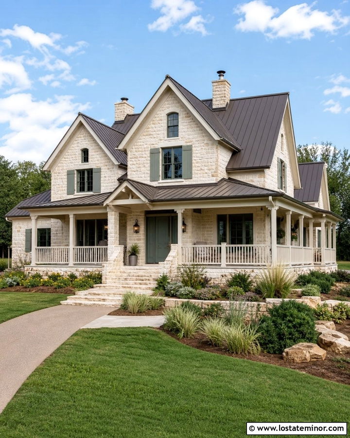 Limestone House With Wraparound Deck - 30 Stone House Design With Deck Ideas