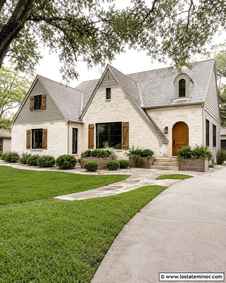 Limewashed Stone House With Wood Accents - 30 Stone House Design With Accents Ideas