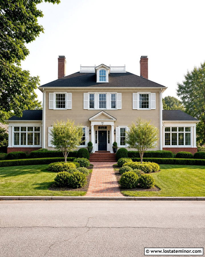 Linen Tan Colonial House With Symmetrical Sunroom Wing - 30 Tan House Design With Sunroom Ideas