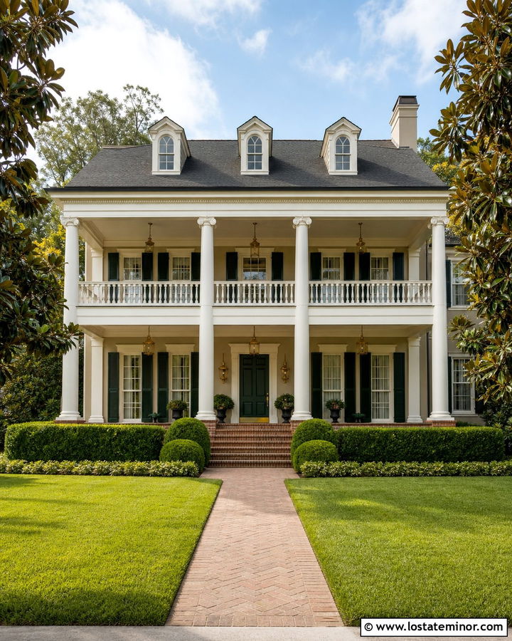 Loggia Southern House With Double Porch Columns - 30 Taupe House Design With Porch Columns Ideas
