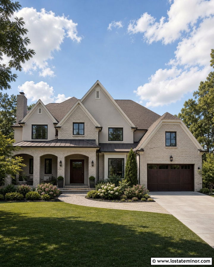 Low Contrast Greige House With Taupe Brick - 30 Greige House Design With Brick Accents Ideas