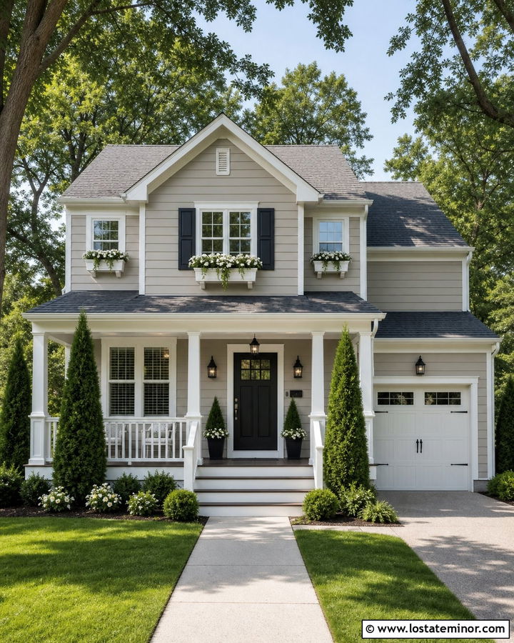 Low Maintenance Greige House With PVC Window Boxes - 30 Greige House Design With Window Boxes Ideas