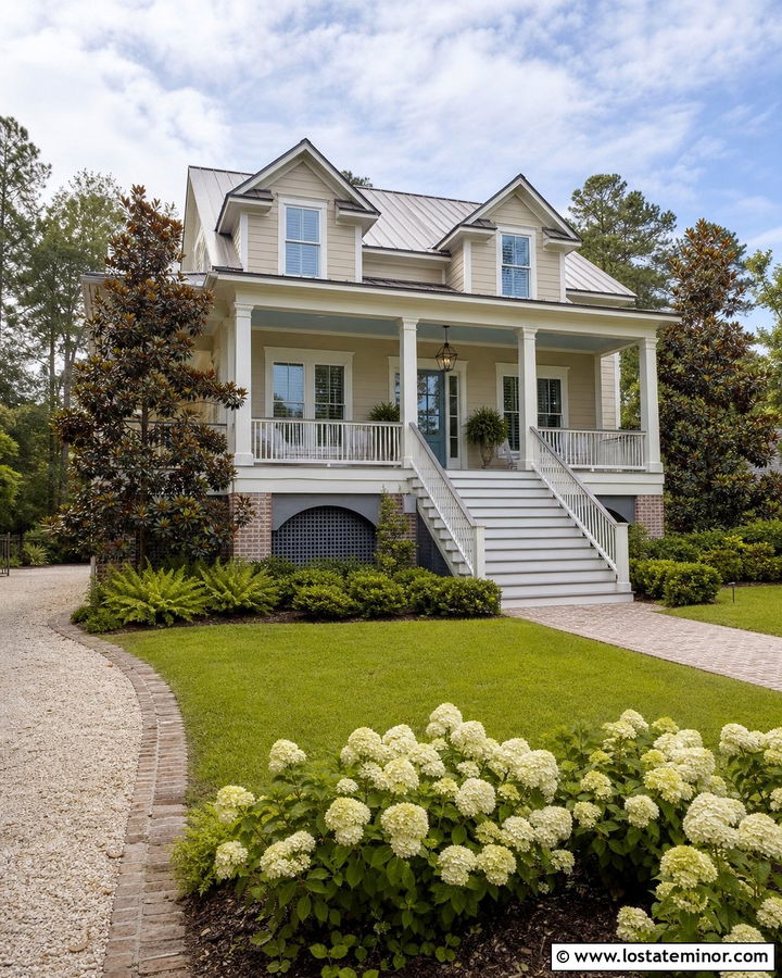 Lowcountry Beige House With Raised Front Porch - 30 Beige House Design With Front Porch Ideas