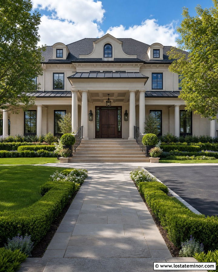 Luxury Beige House With Grand Front Porch - 30 Beige House Design With Front Porch Ideas
