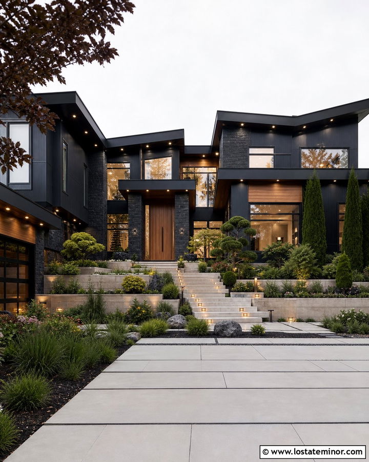 Luxury Black House With Tiered Landscaping - 30 Black House Design With Landscaping Ideas