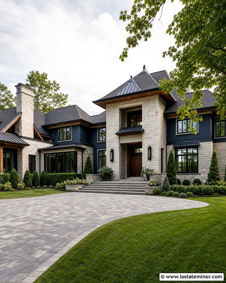 Luxury Navy Blue House With Stone Accents - 30 Navy Blue House Design With Stone Accents Ideas