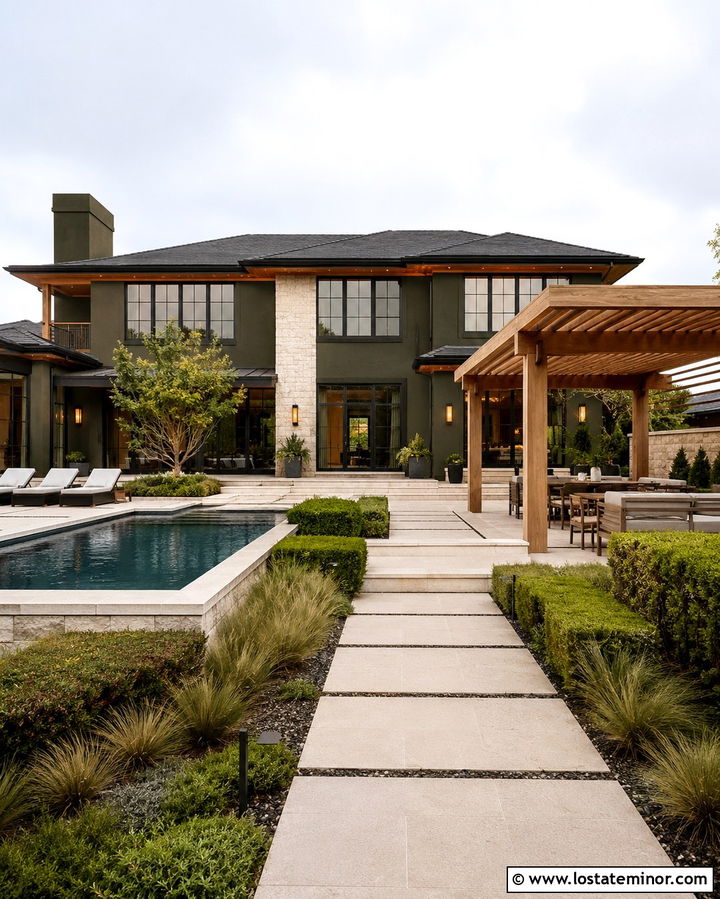 Luxury Olive Green House With Pool Pergola - 30 Olive Green House Design With Pergola Ideas