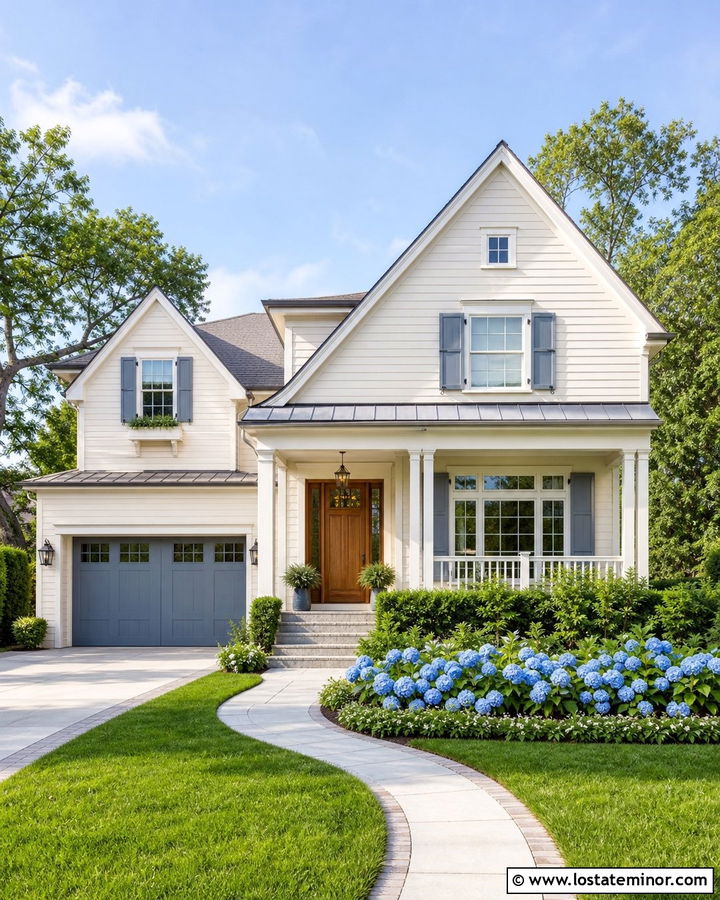 Maison Blanche House With Blue Gray Garage Door - 30 Beige House Design With Garage Door Ideas