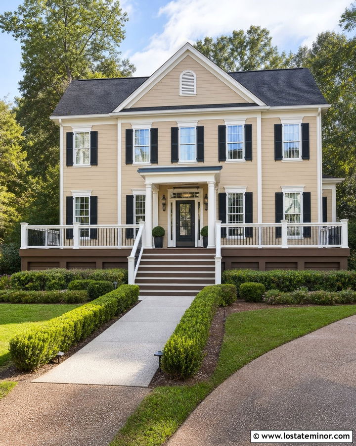 Manchester Tan Colonial House With Raised Deck - 30 Beige House Design With Deck Ideas