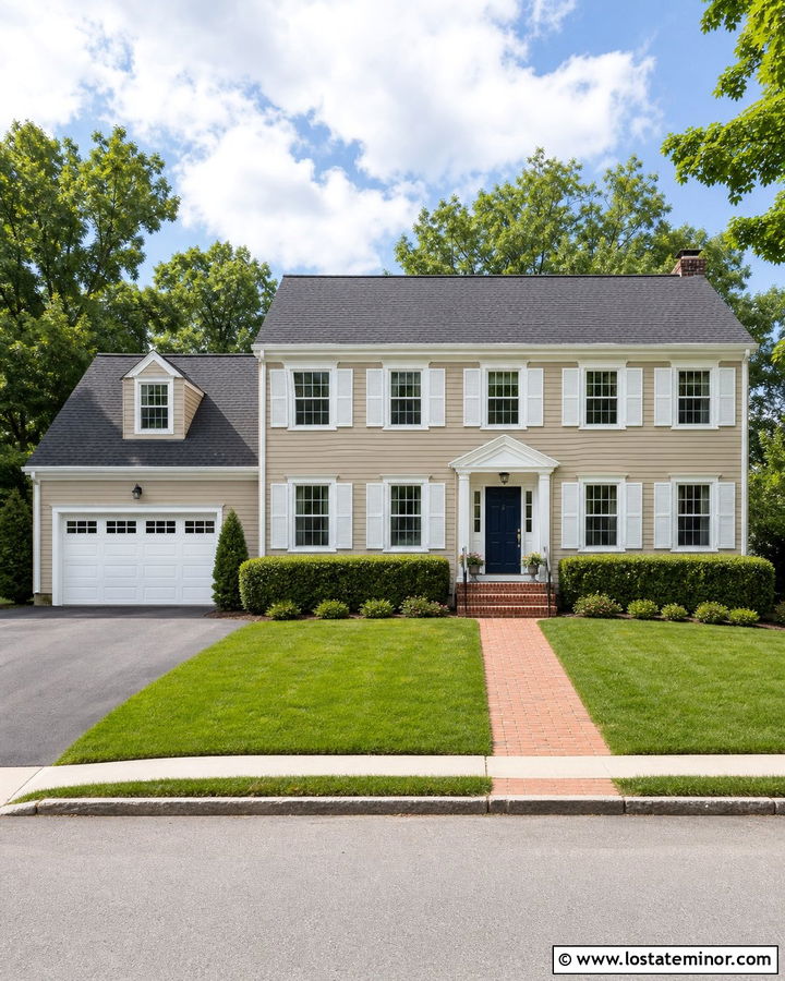 Manchester Tan Colonial With White Garage Door - 30 Beige House Design With Garage Door Ideas