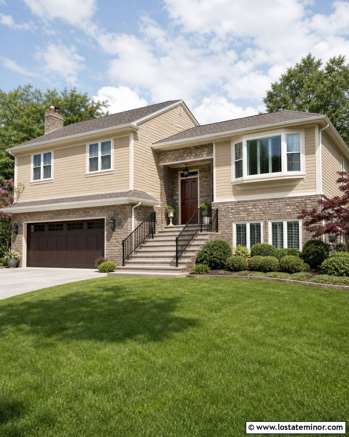 Manchester Tan Split Level With Stacked Stone - 30 Beige House Design With Stone Accents Ideas