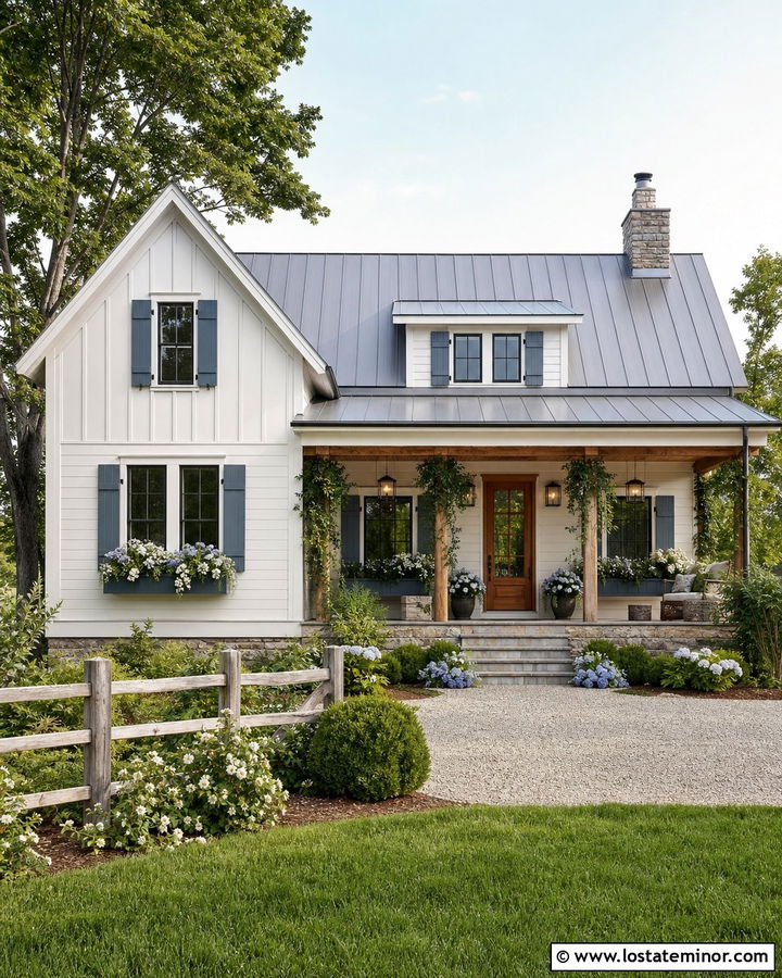 Maritime White Farmhouse With Gray Window Boxes - 30 Warm White House Design With Window Boxes Ideas