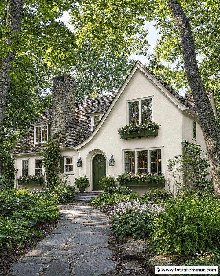 Mascarpone Cottage With Green Window Boxes - 30 Warm White House Design With Window Boxes Ideas