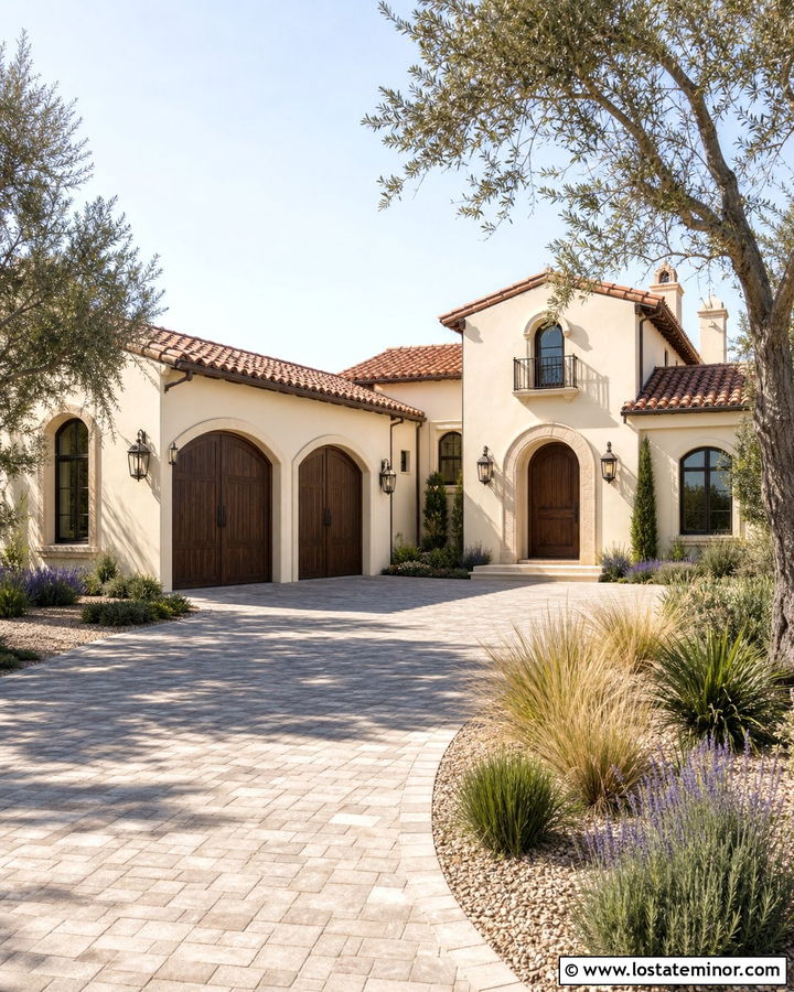 Mediterranean Off White House With Garage Door - 30 Off White House Design With Garage Door Ideas