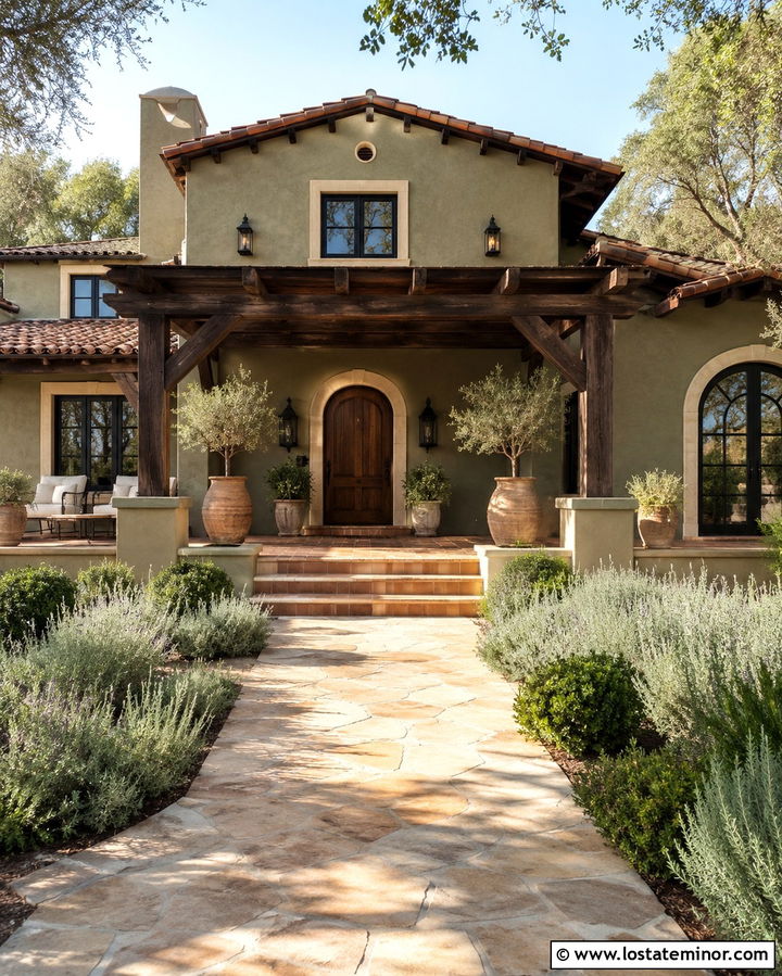Mediterranean Olive Stucco House With Pergola - 30 Olive Green House Design With Pergola Ideas