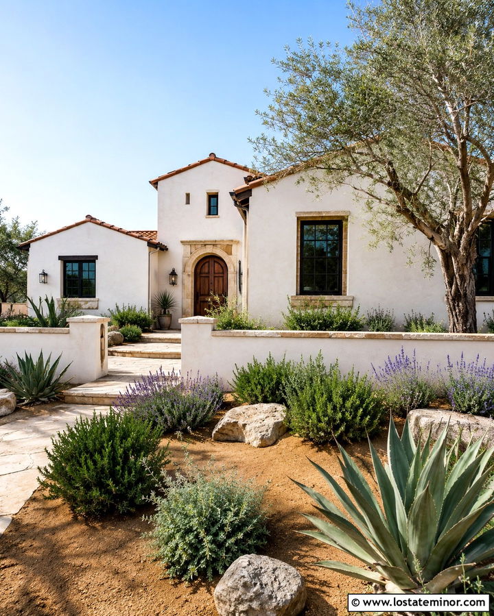 Mediterranean Stone House With Drought Tolerant Yard - 30 Stone House Design With Front Yard Ideas