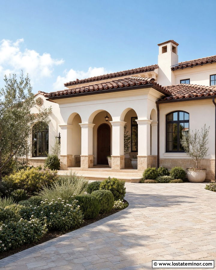 Mediterranean Stone House With Stucco Porch Columns - 30 Stone House Design With Porch Columns Ideas