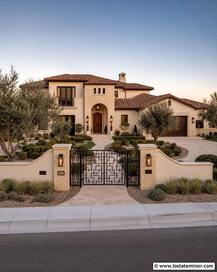 Mediterranean Stone House With Stucco Wall Fence - 30 Stone House Design With Fence Ideas
