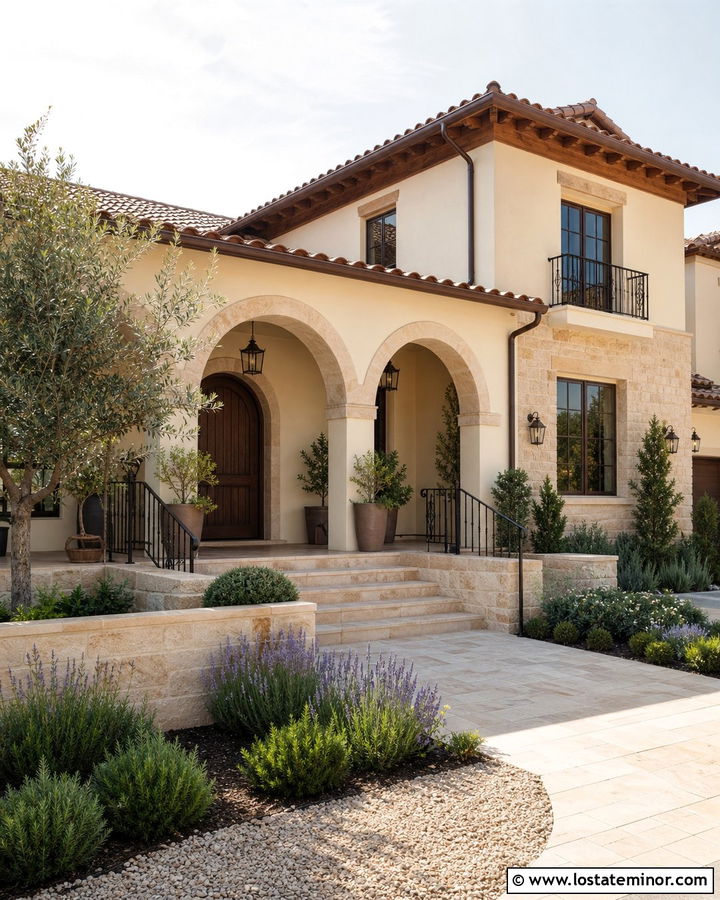 Mediterranean Stone House With Tiled Front Porch - 30 Stone House Design With Front Porch Ideas