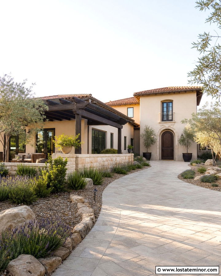 Mediterranean Stone House With Wood Pergola - 30 Stone House Design With Pergola Ideas