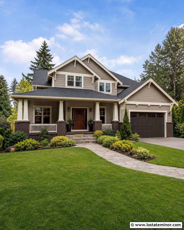 Medium Greige House With Dark Brown Brick - 30 Greige House Design With Brick Accents Ideas