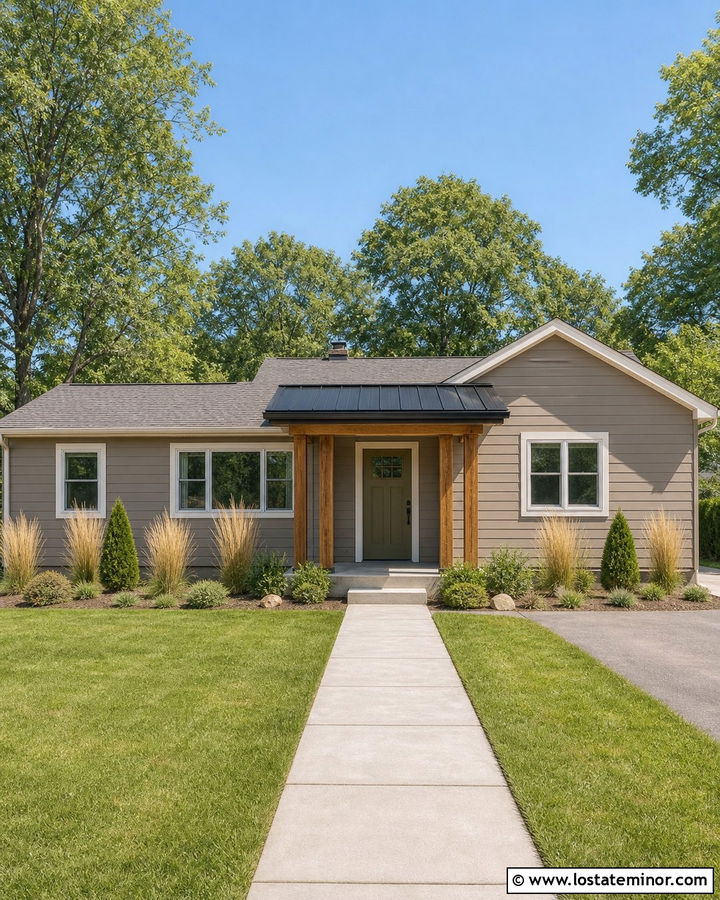 Medium Taupe Ranch With Shed Roof Portico - 30 Taupe House Design With Portico Ideas