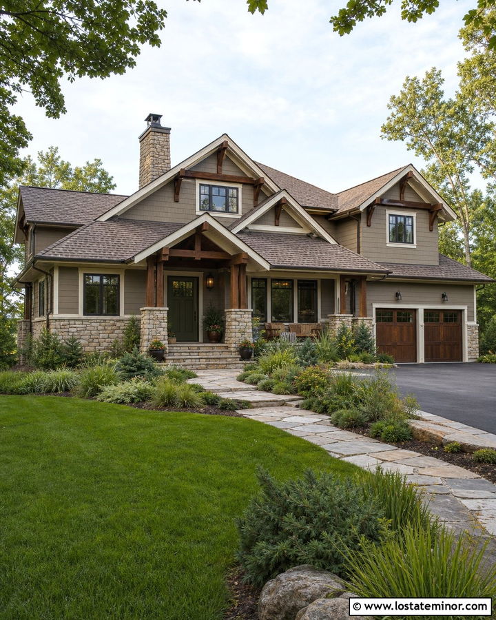 Mega Greige House With Creamy Ledgestone - 30 Greige House Design With Stone Accents Ideas