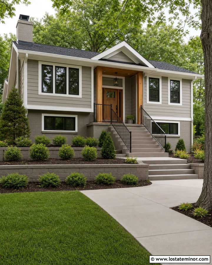 Mega Greige Split Level With Cedar Porch Columns - 30 Taupe House Design With Porch Columns Ideas