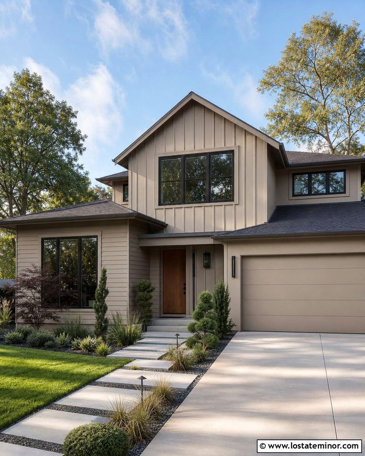 Midcentury Beige Board And Batten With Cedar - 30 Beige House Design With Board and Batten Ideas