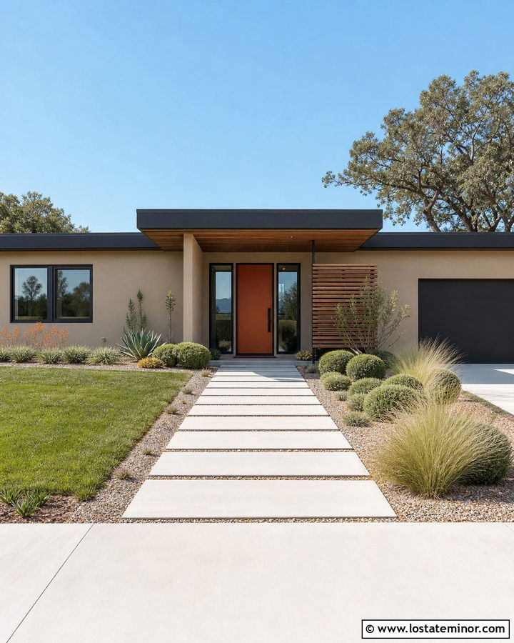 Midcentury Beige House With Flat Roof Porch - 30 Beige House Design With Front Porch Ideas