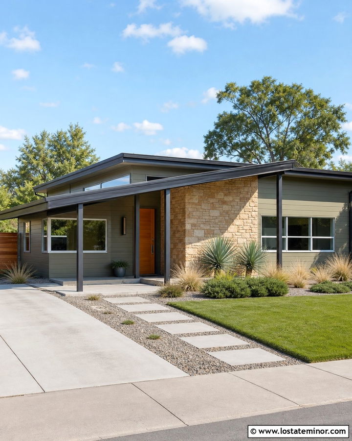 Midcentury Stone House With Open Front Porch - 30 Stone House Design With Front Porch Ideas