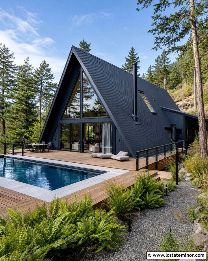 Midnight Blue A Frame House With Pool And Timber Deck - 30 Midnight Blue House Design With Swimming Pool Ideas