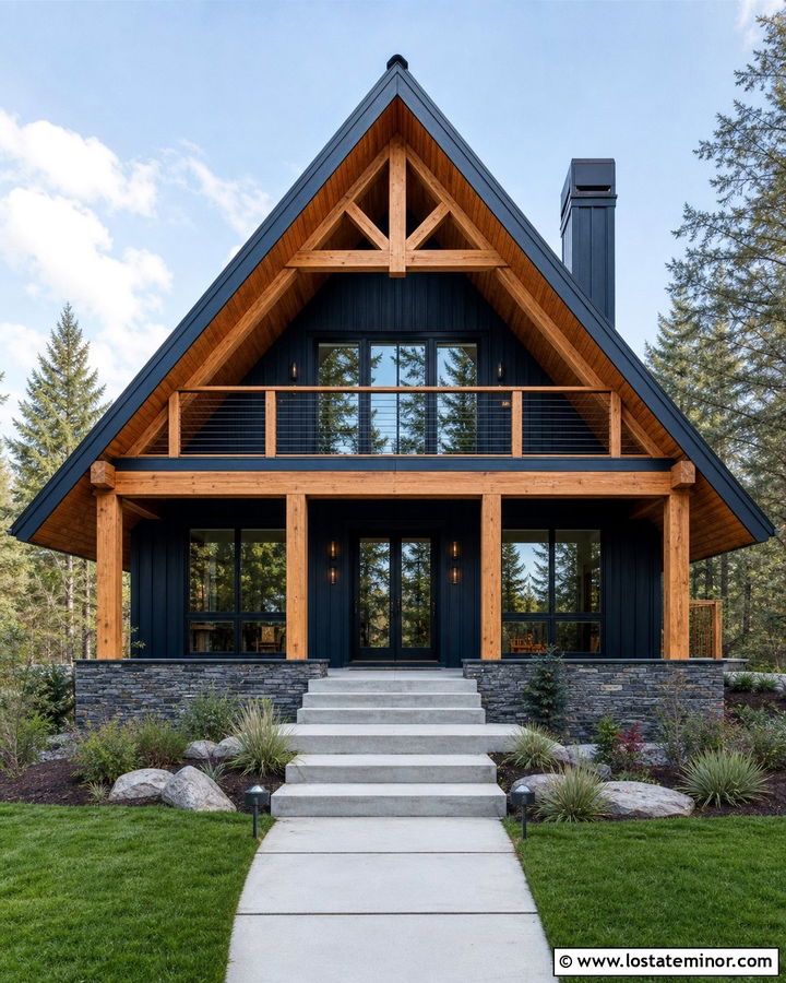 Midnight Blue A Frame House With Timber Porch Columns - 30 Midnight Blue House Design With Porch Columns Ideas