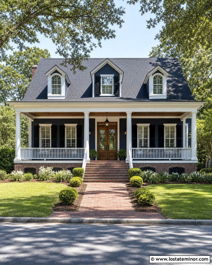 Midnight Blue Acadian House With Brick Porch Steps - 30 Midnight Blue House Design With Steps Ideas