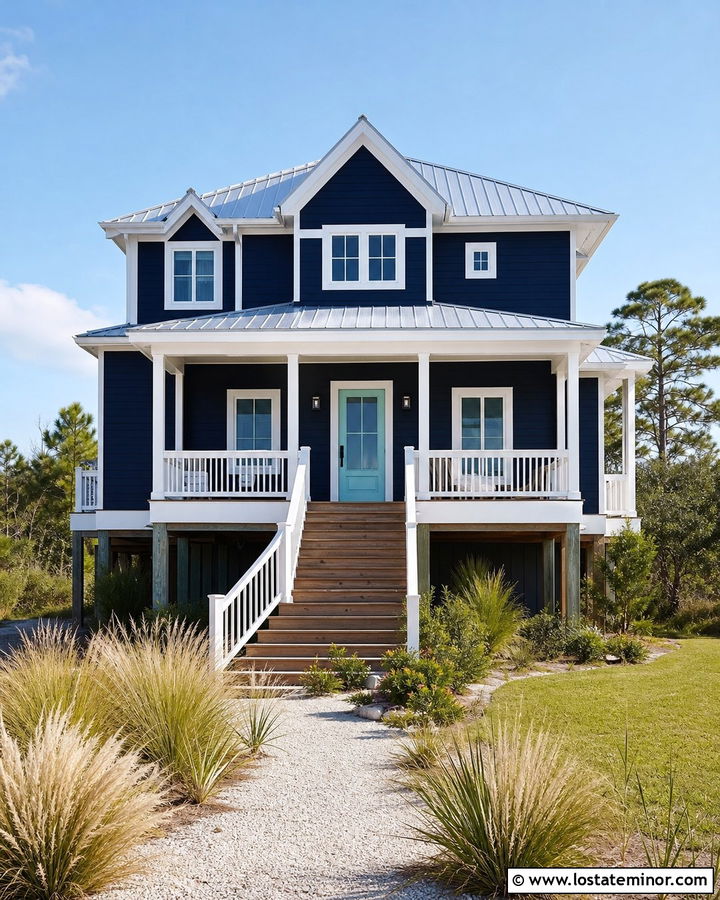 Midnight Blue Beach House With Aqua Entry Door - 30 Midnight Blue House Design With Entry Door Ideas