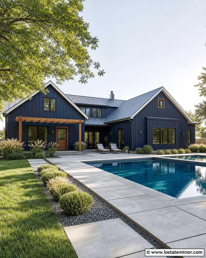 Midnight Blue Board And Batten House With Pool - 30 Midnight Blue House Design With Swimming Pool Ideas