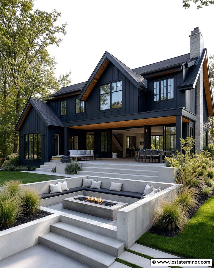 Midnight Blue Board And Batten House With Sunken Lounge - 30 Midnight Blue House Design With Backyard Ideas