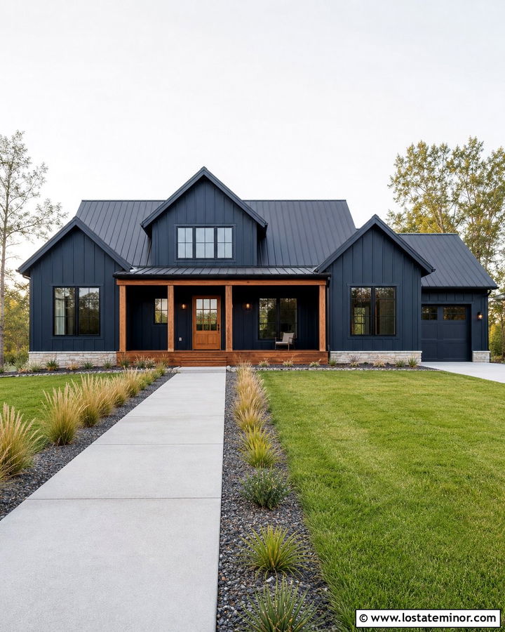 Midnight Blue Board And Batten House With Wood Porch - 30 Midnight Blue House Design With Accents Ideas