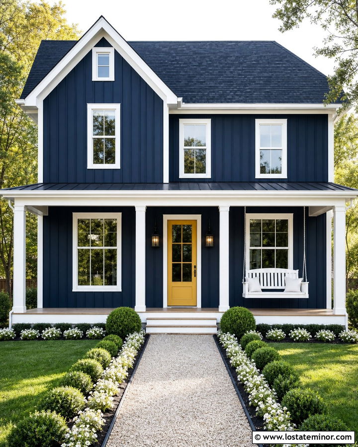 Midnight Blue Board And Batten House With Yellow Door - 30 Midnight Blue House Design With Swing Ideas