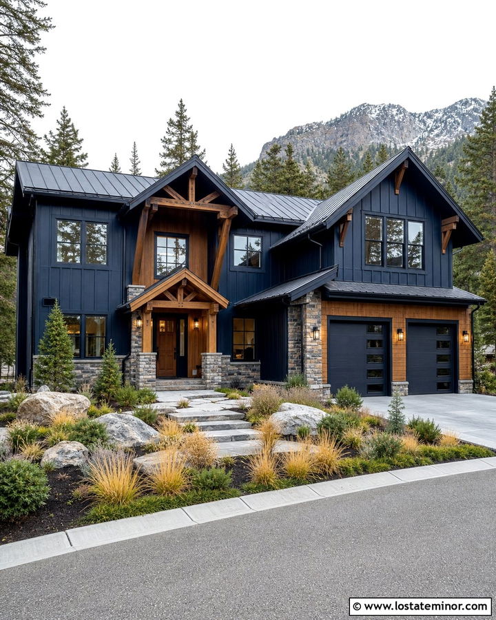 Midnight Blue Board and Batten With Cedar Accents - 30 Midnight Blue House Design With Board and Batten Ideas
