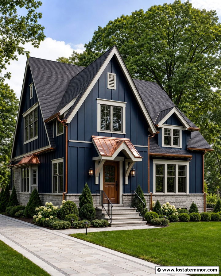 Midnight Blue Board and Batten With Copper Gutters - 30 Midnight Blue House Design With Board and Batten Ideas