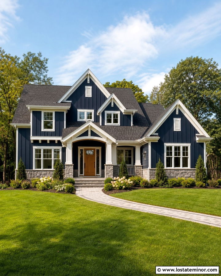 Midnight Blue Board and Batten With Gray Stone - 30 Midnight Blue House Design With Board and Batten Ideas