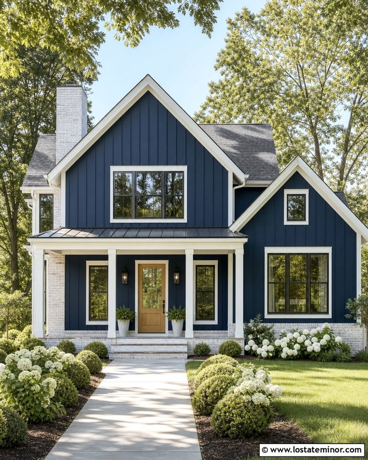 Midnight Blue Board and Batten With Limewashed Brick - 30 Midnight Blue House Design With Board and Batten Ideas