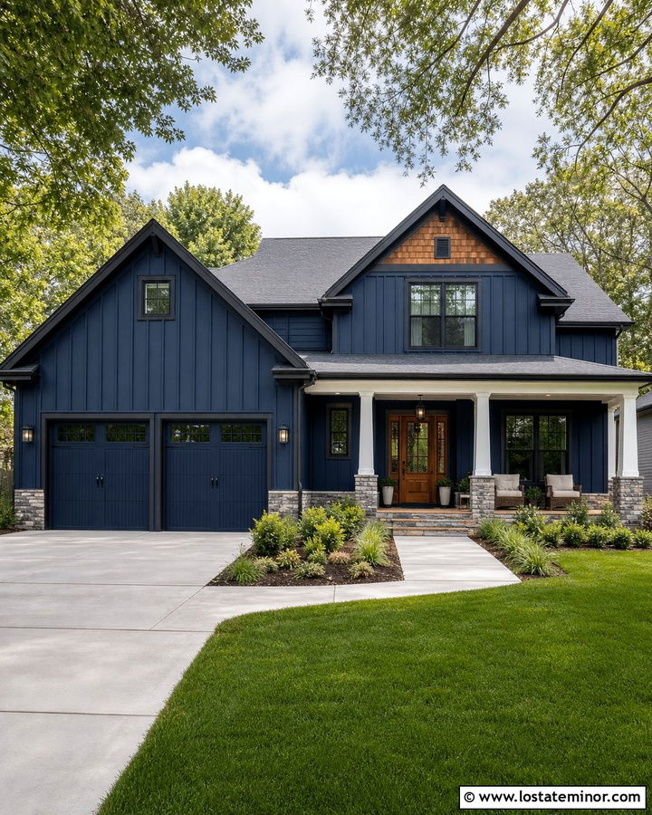 Midnight Blue Board and Batten With Matching Garage Doors - 30 Midnight Blue House Design With Board and Batten Ideas