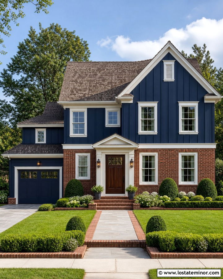 Midnight Blue Board and Batten With Red Brick - 30 Midnight Blue House Design With Board and Batten Ideas