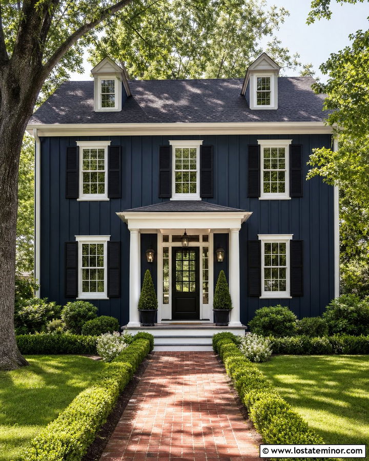 Midnight Blue Board and Batten With a Black Front Door - 30 Midnight Blue House Design With Board and Batten Ideas