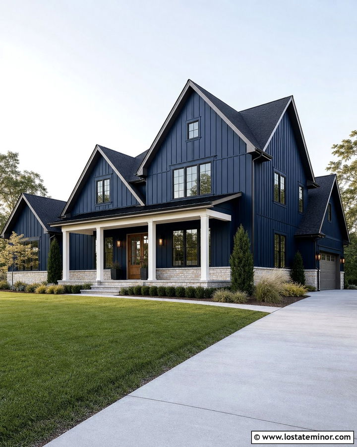 Midnight Blue Board and Batten With a Black Roof - 30 Midnight Blue House Design With Board and Batten Ideas